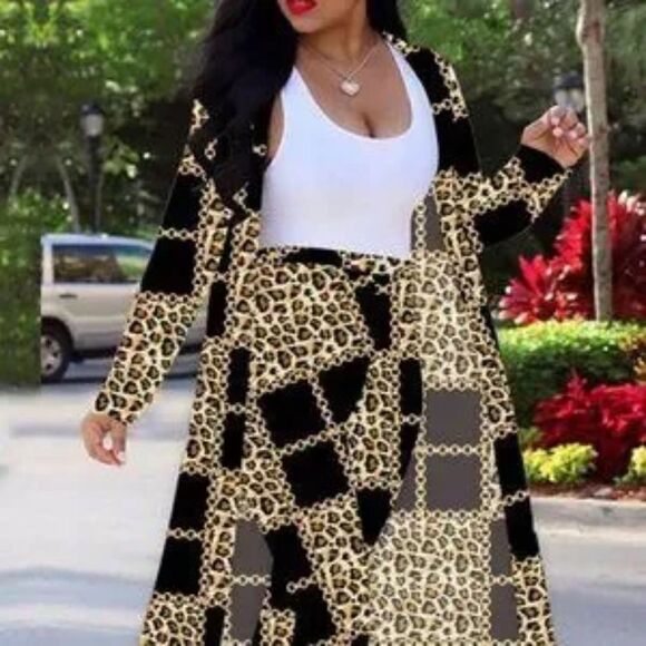 Gold and Black 2 Pc Lg Sleeve Open Front Cardigan & High Waist Pants Sz Large - Picture 2 of 5